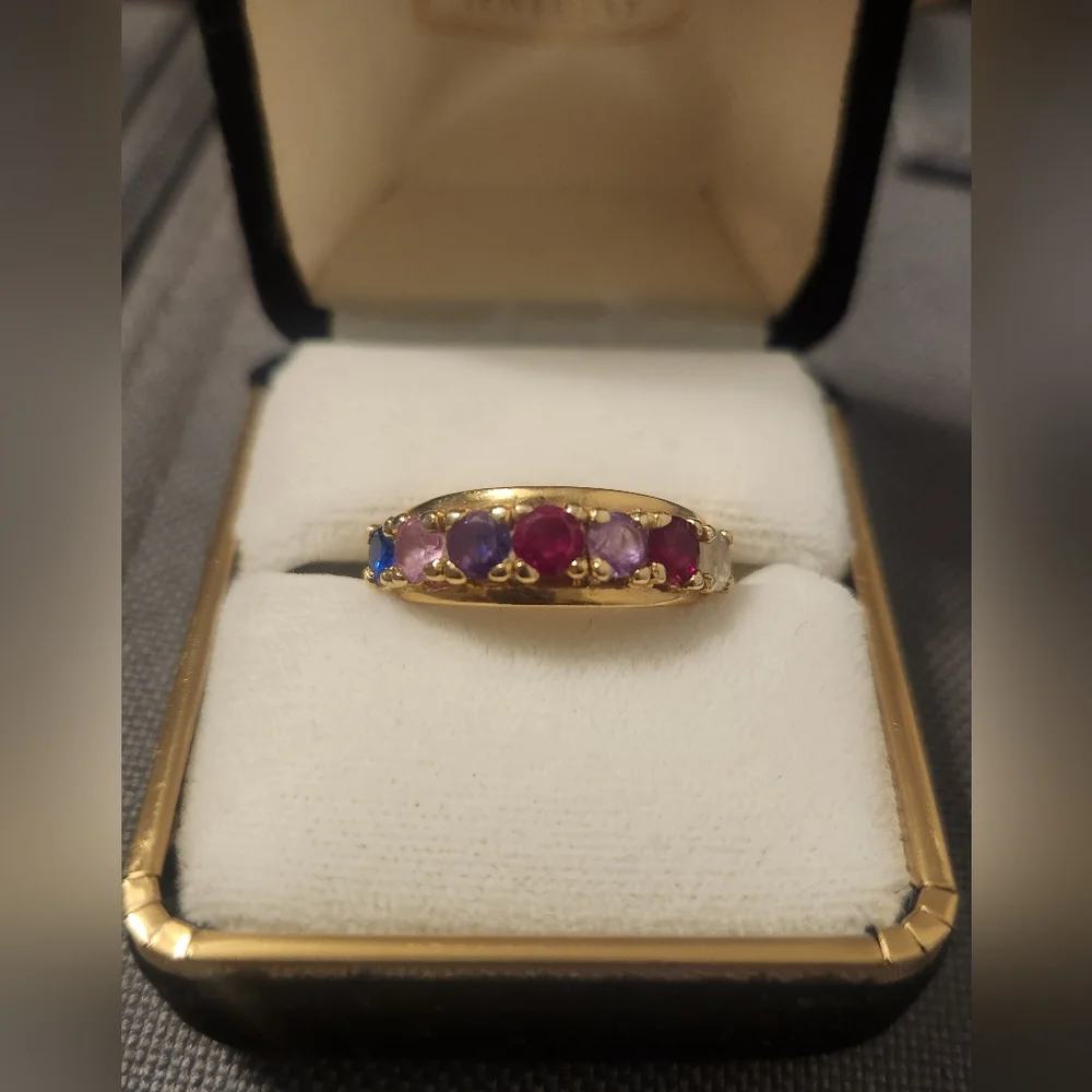 10K Gold Genuine Ruby Sapphire Amethyst Rainbow Band Ring